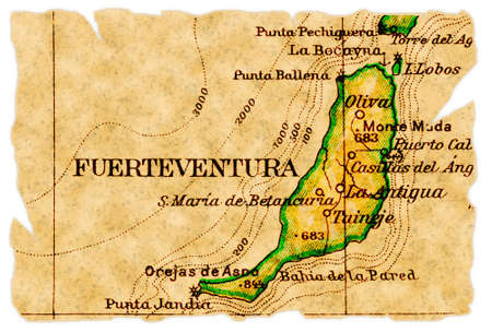 Fuerteventura, Canary Islands on an old torn map from 1949, isolated. Part of the old map series.の写真素材