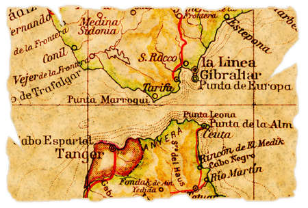 Strait of Gibraltar on an old torn map from 1949, isolated. Part of the old map series.の写真素材