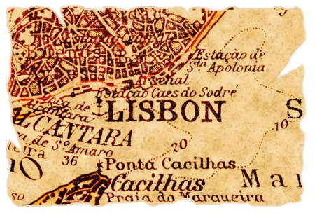 Lisbon, Portugal on an old torn map from 1949, isolated. Part of the old map series.の写真素材