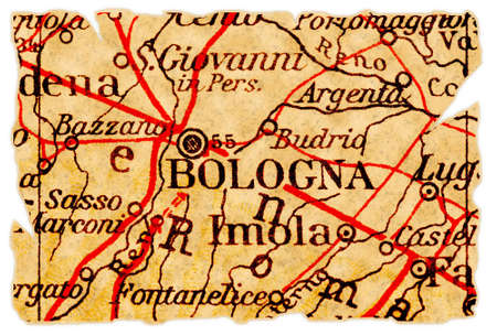 Bologna, Italy on an old torn map from 1949, isolated. Part of the old map series.の写真素材