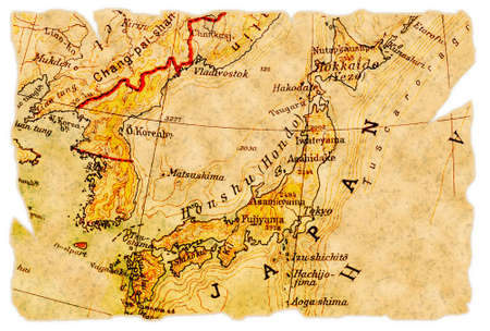Japan on an old torn map from 1949, isolated. Part of the old map series.の写真素材