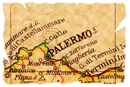 Palermo, Italy on an old torn map from 1949, isolated. Part of the old map series.の写真素材