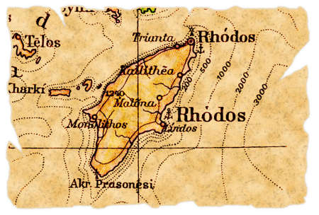 Rhodos, Greece on an old torn map from 1949, isolated. Part of the old map series.の写真素材