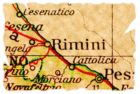 Rimini, Italy on an old torn map from 1949, isolated. Part of the old map series.の写真素材