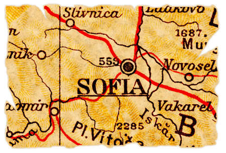 Sofia, capital of Bulgaria on an old torn map from 1949, isolated. Part of the old map series.の写真素材