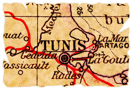 Tunis, Tunisia on an old torn map from 1949, isolated. Part of the old map series.の写真素材
