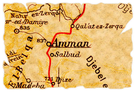 Amman, capital of Jordan on an old torn map from 1949, isolated. Part of the old map series.の写真素材