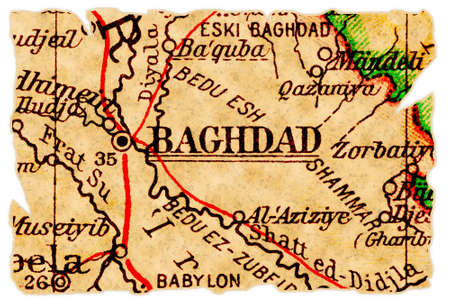 Baghdad, Iraq on an old torn map from 1949, isolated. Part of the old map series.の写真素材