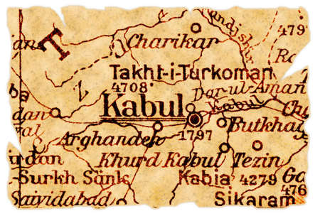 Kabul, capital of Afghanistan on an old torn map from 1949, isolated. Part of the old map series.の写真素材