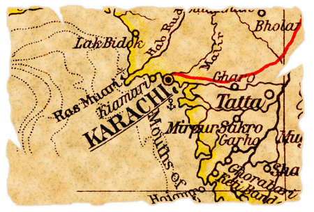 Karachi, Pakistan on an old torn map from 1949, isolated. Part of the old map series.の写真素材