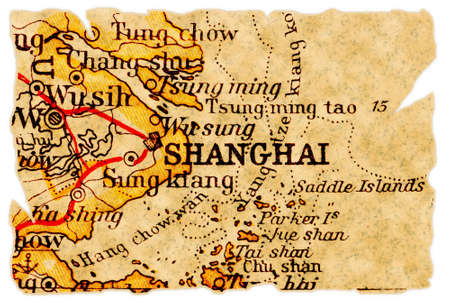 Shanghai, China on an old torn map from 1949, isolated. Part of the old map series.の写真素材