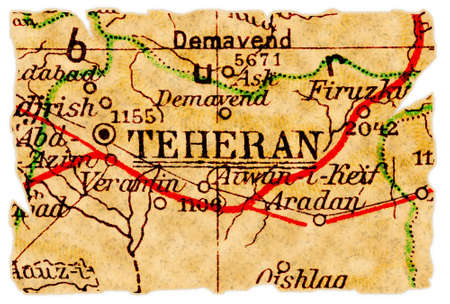 Teheran, Iran on an old torn map from 1949, isolated. Part of the old map series.の写真素材