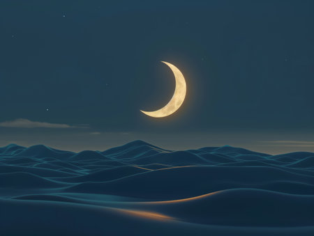 Crescent moon in the night sky. 3d render illustration.の素材
