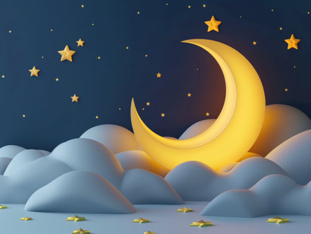 3d render of night sky with moon and stars. Paper art style.の素材