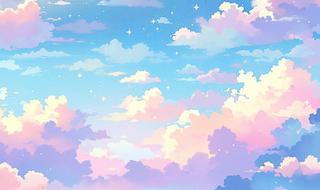 Sky background with clouds. Colorful ai generated illustration in pastel colors.の素材