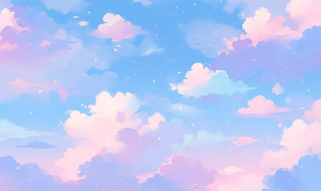 Sky background with clouds in pastel color. ai generated illustration for your design.の素材