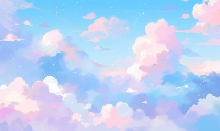 Sky background with clouds and stars. Pastel colors. ai generated illustration.の素材