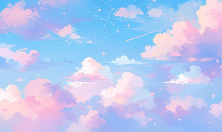 Sky background with clouds and stars in pastel colors. ai generated illustration.の素材