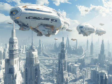 Futuristic spaceship flying in the sky over the city. 3d renderingの素材