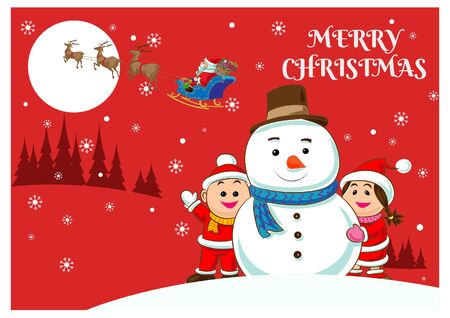 Merry Christmas greeting card with Santa Claus, children and Snowman, vector illustrationのイラスト素材