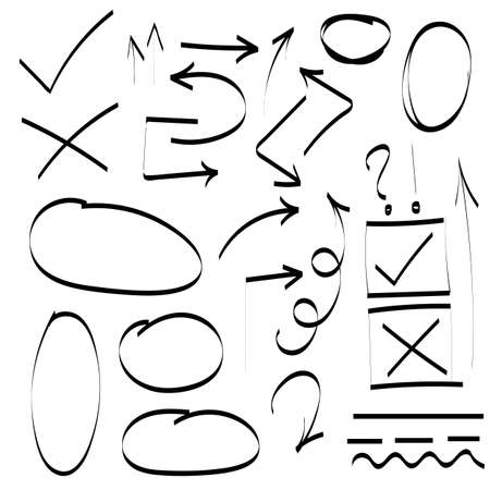 Arrows and abstract shapes doodle writing design vector set, blackのイラスト素材
