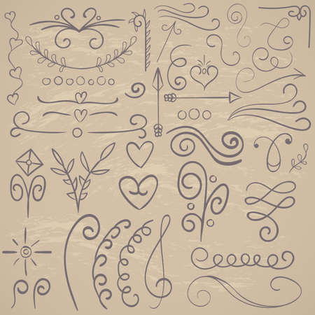 Calligraphic illustration set for text vintage ornaments with floral elements arrows, hand drawnのイラスト素材