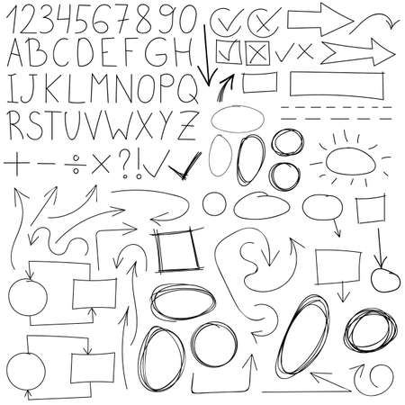 Arrows and abstract shapes doodle writing design vector set, blackのイラスト素材