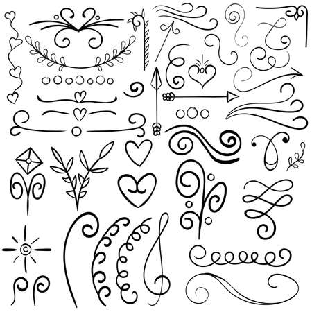 Calligraphic illustration set for text vintage ornaments with floral elements arrows, hand drawnのイラスト素材