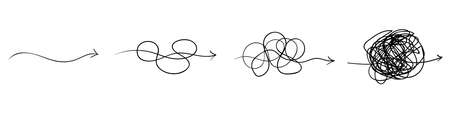 Set of messy clew symbols with scribbled round element, consept of transition from complicated to simple, isolated on white background Vector illustration.のイラスト素材
