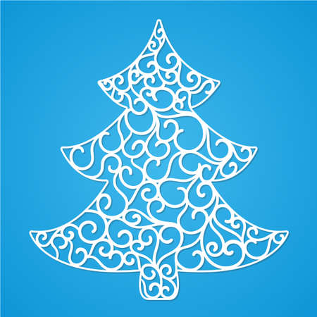 White Christmas tree on a blue background. Design elements for holiday cards. Beautiful applique. Abstract design. Vector illustration.のイラスト素材