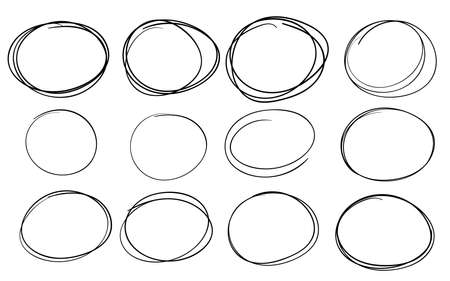 Hand drawn circle line sketch set. Vector circular scribble doodle round circles for message note mark design element. Pencil or pen graffiti bubble or ball draft illustrationのイラスト素材
