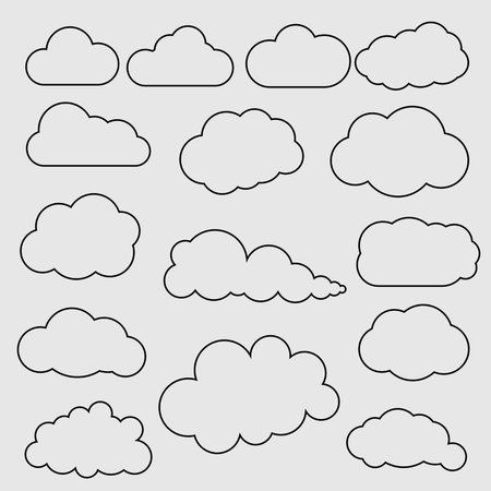Set of cloud outlines. Simple cloud shapes, black outlines. Minimalist cloud design, varied cloud forms. Perfect for cloud-themed projects. Weather illustration, vector set.のイラスト素材