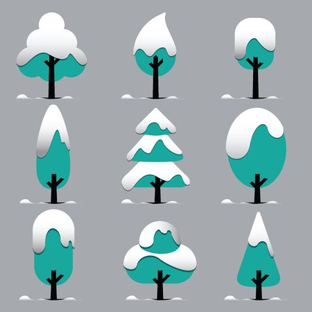 Icon Set Leafs Stand Out From The Background The green collection of leaves covered with snow. Let different shapes form a flat, modern, easy-leaf tree.のイラスト素材