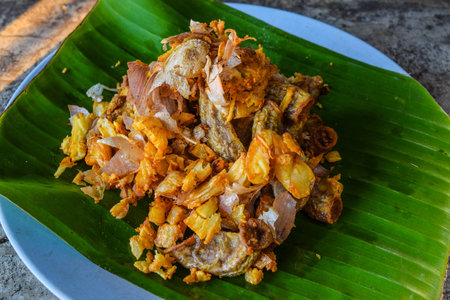 Fried pork crackling with garlic and chili.の写真素材