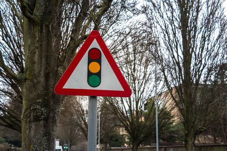 Traffic Sign: Traffic Light on Wood backgroundの写真素材