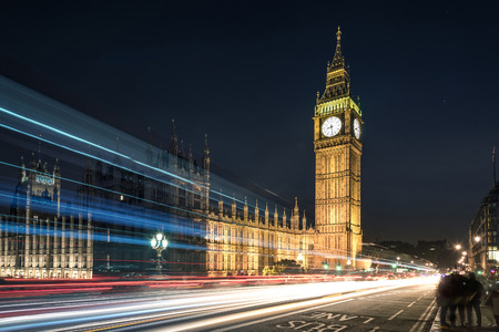 Big Ben with Light trails on Westminster Bridge in London, UK at Night Timeの写真素材