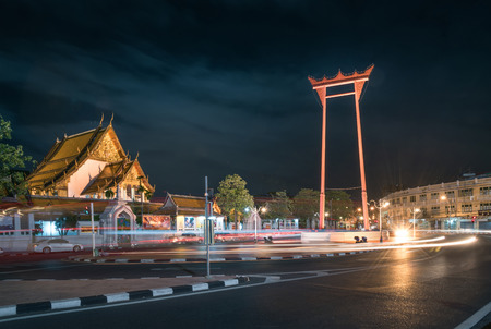 The Giant Swing (Sao Ching Cha) a religious structure used in an old Brahmin ceremony. It's located in Bangkok, Thailand in front of Wat Suthat Temple. It's also a Bangkok landmark. (Night Shot)のeditorial素材