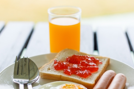 healthy breakfast with coffee in sunny morningの写真素材