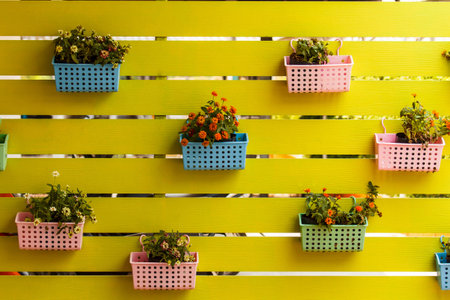 Artificial colorful flowers pots hang onto the wall