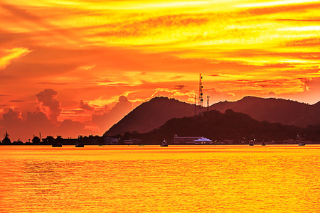 Boat pier at sunset. Beautiful landscape.の写真素材
