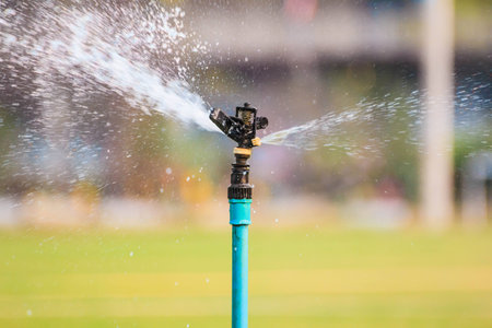 Sprinkler in field green grassの写真素材