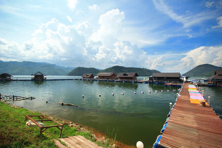 Bamboo raft resort lake sky river blue waterのeditorial素材