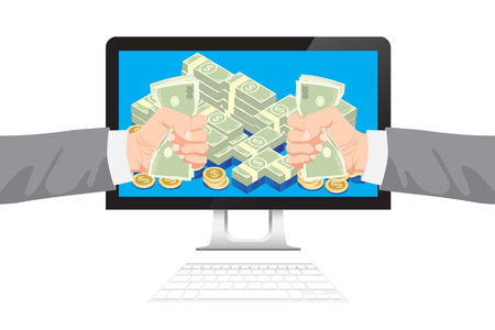 Businessman get money from online business holding dollar in hand vectorのイラスト素材