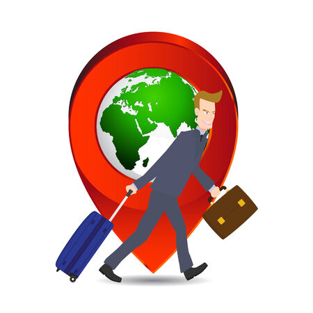 businessman pulling travel bag suitcase and briefcase with location world icon, Elements of earth map Furnished by NASA.のイラスト素材