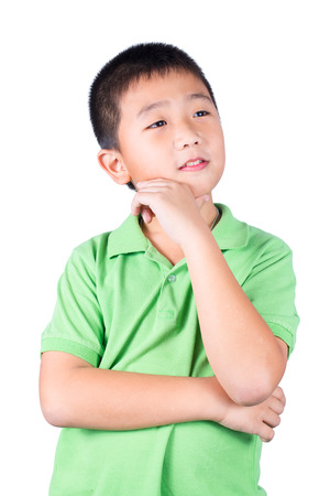Asian boy thinking isolated on white backgroundの写真素材