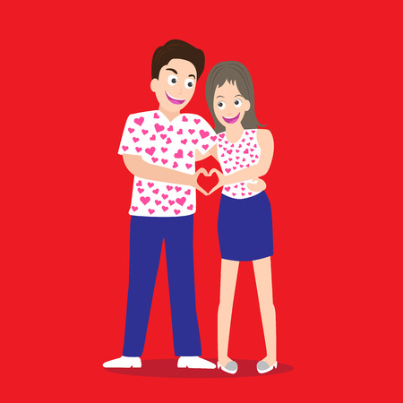 Valentine day. Happy couple showing making heart shape sign with hands on red background vectorのイラスト素材
