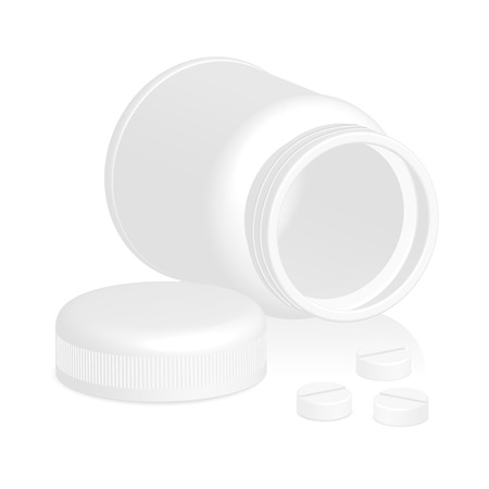White plastic medical container with pills isolated on white background.のイラスト素材