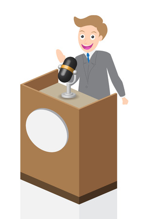 Businessman speaking on stage with microphone and podium, illustration, vector.のイラスト素材