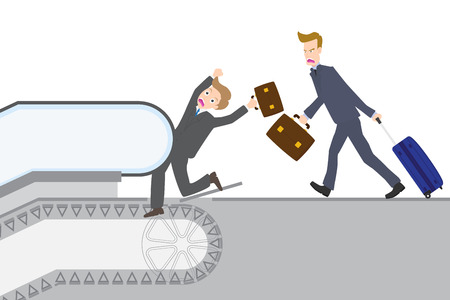 Businessman caught his leg into the working escalator, stairway accident, danger, get injury and deadのイラスト素材