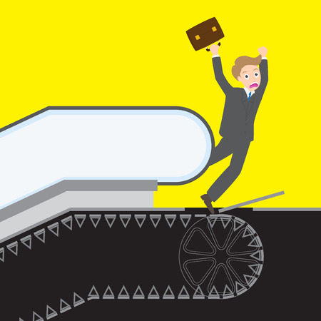 Businessman caught his leg into the working escalator, stairway accident, danger, get injury and deadのイラスト素材
